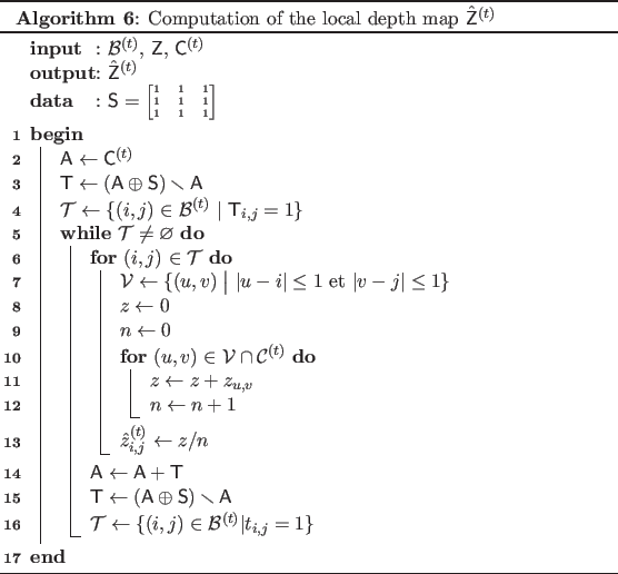\begin{algorithm}
% latex2html id marker 14894\caption{Computation of the loca...
...ow \{(i,j) \in \mathcal{B}^{(t)} \vert t_{i,j} = 1 \}$\ \\
}
}
\end{algorithm}