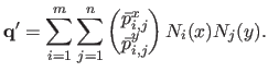 $\displaystyle \mathbf{q}' = \sum_{i=1}^m \sum_{j=1}^n \begin{pmatrix}\bar{p}_{i,j}^x  \bar{p}_{i,j}^y \end{pmatrix} N_i(x) N_j(y).$