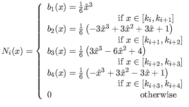 $\displaystyle N_i(x) =  \left\{ \begin{array}{l} b_1(x) = \frac{1}{6} \hat x...
...}   0 \qquad\qquad\qquad\qquad\qquad\textrm{otherwise} \end{array} \right.$