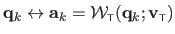 $ \mathbf{q}_k \leftrightarrow \mathbf{a}_k = \mathcal{W}_{\scriptscriptstyle \mathsf{T}}(\mathbf{q}_k ; \mathbf{v}_{\scriptscriptstyle \mathsf{T}})$