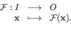 \begin{displaymath}\begin{array}{rcl}
\mathcal {F} : I & \longrightarrow & O \\...
...athbf{x} & \longmapsto & \mathcal {F}(\mathbf{x}).
\end{array}\end{displaymath}