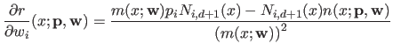 $\displaystyle \frac{\partial r}{\partial w_i}(x ; \mathbf{p} , \mathbf{w}) = \...
..._{i,d+1}(x) n(x ; \mathbf{p} , \mathbf{w})}{\left (m(x ; \mathbf{w})\right )^2}$