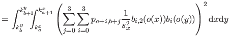 $\displaystyle = \int_{k_b^y}^{k_{b+1}^y} \negthickspace \negthickspace \! \int_...
...+i,b+j} \frac{1}{s_x^2} b_{i,2}(o(x)) b_i(o(y)) \right)^2 \mathrm dx \mathrm dy$