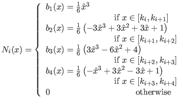 $\displaystyle N_i(x) =
\left\{
\begin{array}{l}
b_1(x) = \frac{1}{6} \hat x...
...}
0 \qquad\qquad\qquad\qquad\qquad\textrm{otherwise}
\end{array}
\right.$