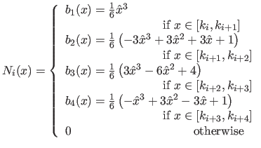 $\displaystyle N_i(x) = 
 \left\{
 \begin{array}{l}
 b_1(x) = \frac{1}{6} \hat x...
...}  
 0 \qquad\qquad\qquad\qquad\qquad\textrm{otherwise}
 \end{array}
 \right.$